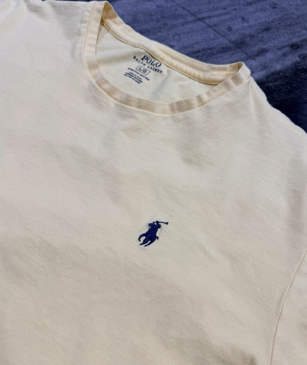 Polo Ralph Lauren T Shirt Men’s Large Yellow Cream Navy Pony Stretch Cotton